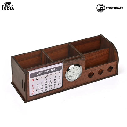 Wooden Desk Organizer with Calendar, Clock and 4 Compartments for Stationery, Mobile and Remote | Tabletop Organizer for Office and Home Use