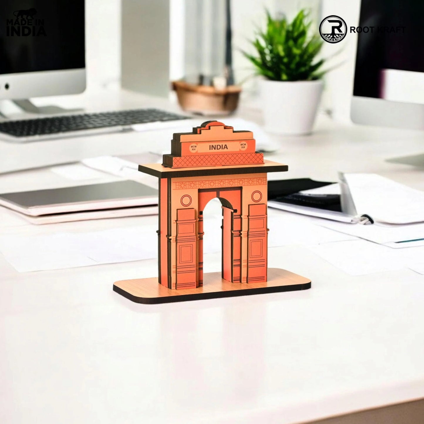 India Gate Wooden Desk Organizer with Test Tube Planter, Pen Stand & Visiting Card Holder | Table Top Patriotic Souvenir | Independence Day Gift