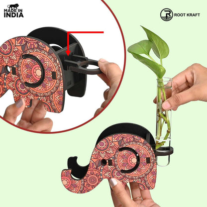 Elephant Shaped Wooden Pen Holder & Mobile Stand | Mandala Art Design | Also with Test Tube Planter