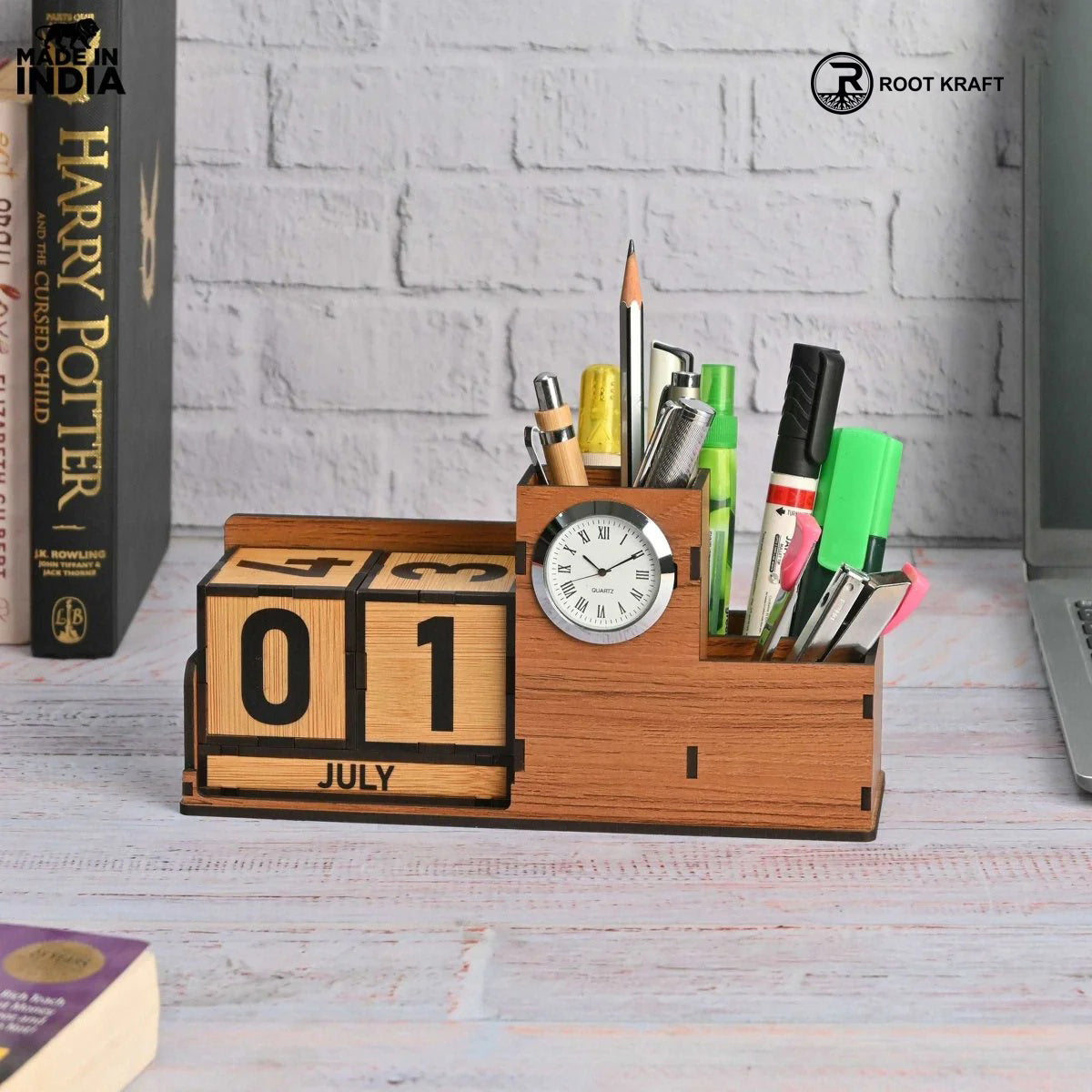 Wooden Desk Organizer with Lifetime Calendar and Clock | High-Quality Workspace Essential | Eco-Friendly