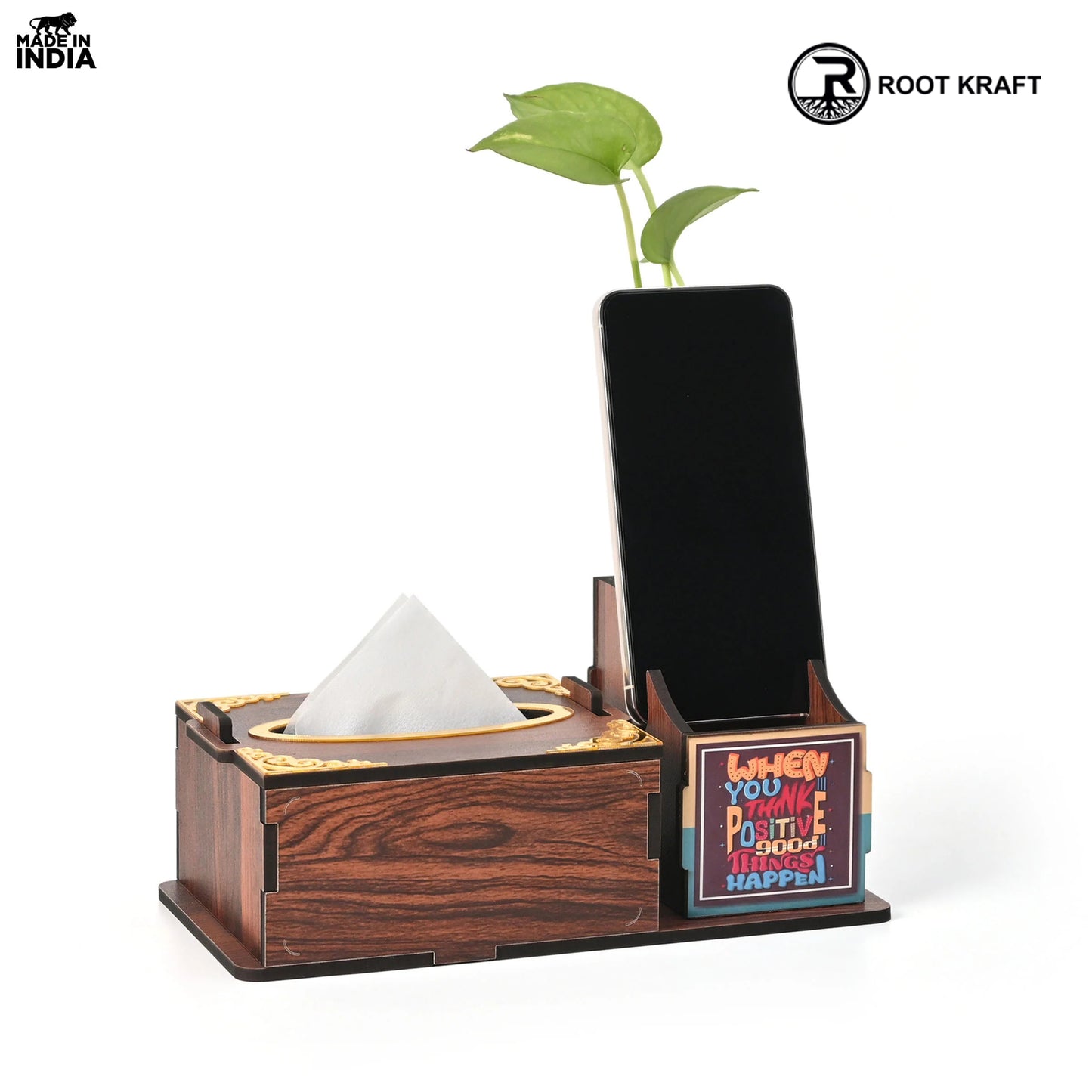 Wooden Desk Organizer with Tissue Holder and Test Tube Planter, Multipurpose Office and Home Desk Accessory – Customizable with Name and Logo