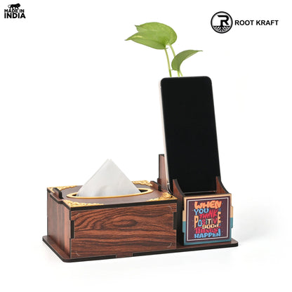 Wooden Desk Organizer with Tissue Holder and Test Tube Planter, Multipurpose Office and Home Desk Accessory – Customizable with Name and Logo