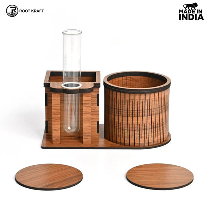 Test Tube Planter With Wooden Water Bottle Holder, Wooden Pen Stand & Coasters | Corporate Gifts | Eco-Friendly