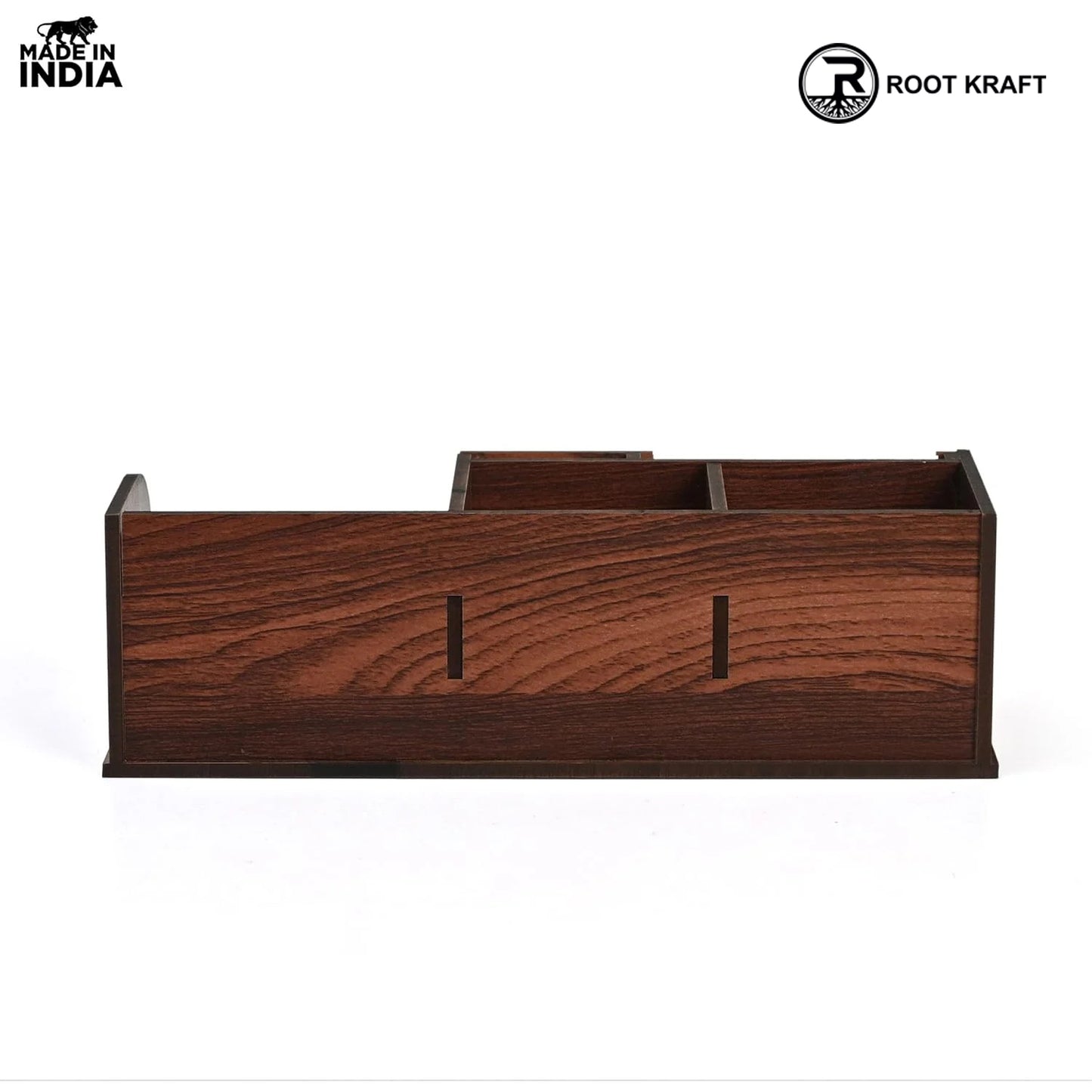 Wooden Desk Organizer with Calendar, Clock and 4 Compartments for Stationery, Mobile and Remote | Tabletop Organizer for Office and Home Use