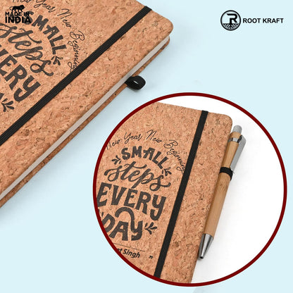 Eco-Friendly Cork Diary with Pen Holder | 190 Pages | Motivational Quote & Personalized Name Option
