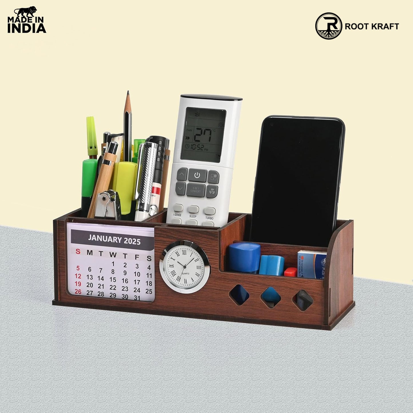 Wooden Desk Organizer with Calendar, Clock and 4 Compartments for Stationery, Mobile and Remote | Tabletop Organizer for Office and Home Use