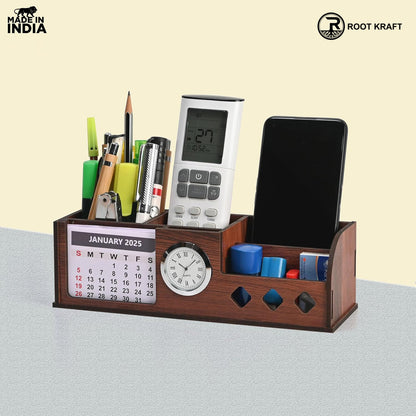 Wooden Desk Organizer with Calendar, Clock and 4 Compartments for Stationery, Mobile and Remote | Tabletop Organizer for Office and Home Use