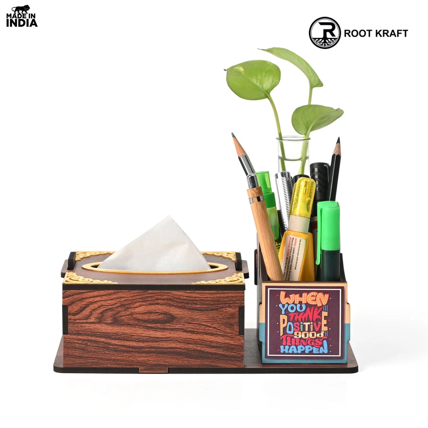 Wooden Desk Organizer with Tissue Holder and Test Tube Planter, Multipurpose Office and Home Desk Accessory – Customizable with Name and Logo