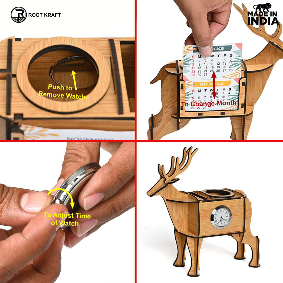 Deer Showpiece | Desk Organizer With Clock & Calendar 2024 | Home & Office Decor