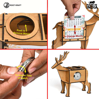 Deer Showpiece | Desk Organizer With Clock & Calendar 2024 | Home & Office Decor