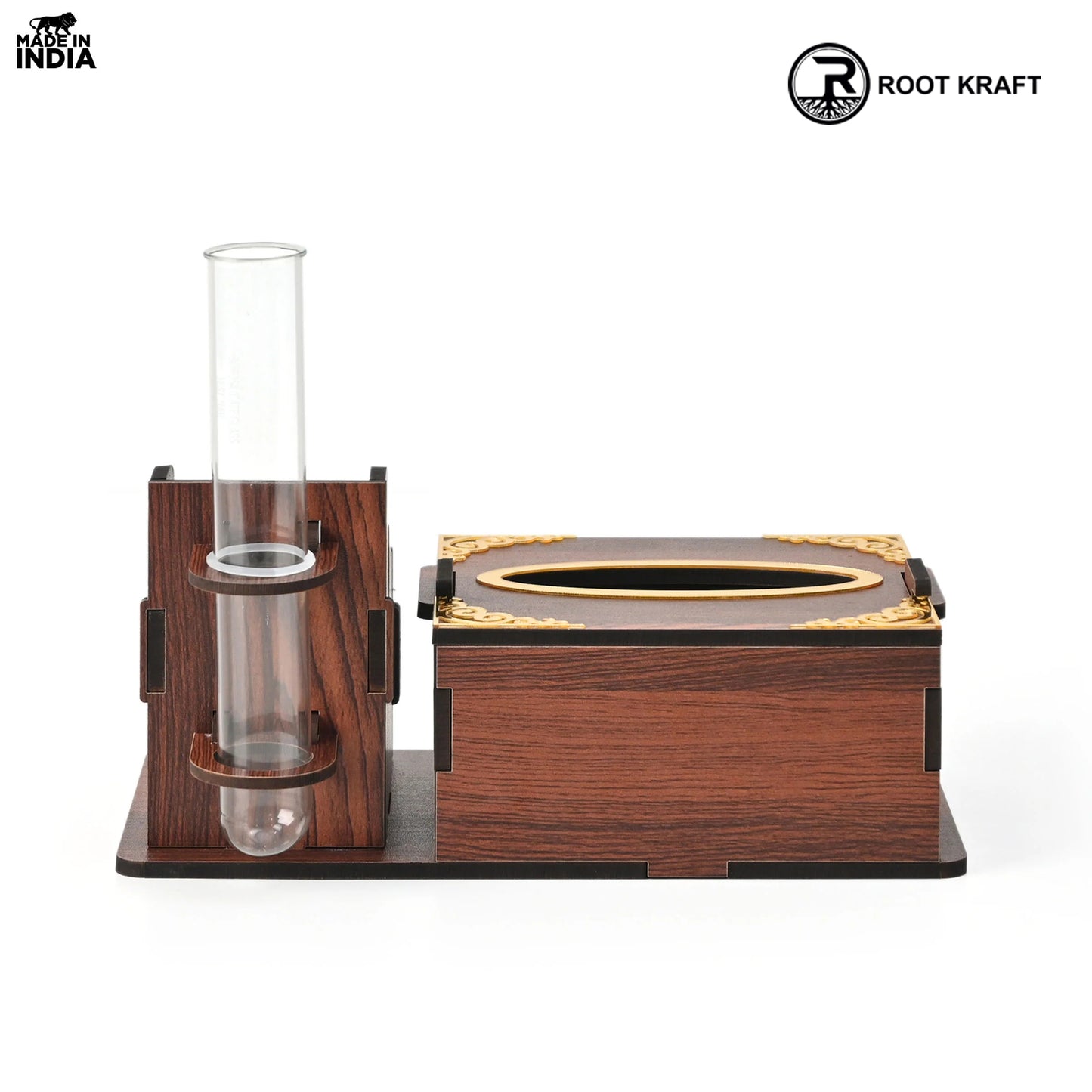 Wooden Desk Organizer with Tissue Holder and Test Tube Planter, Multipurpose Office and Home Desk Accessory – Customizable with Name and Logo