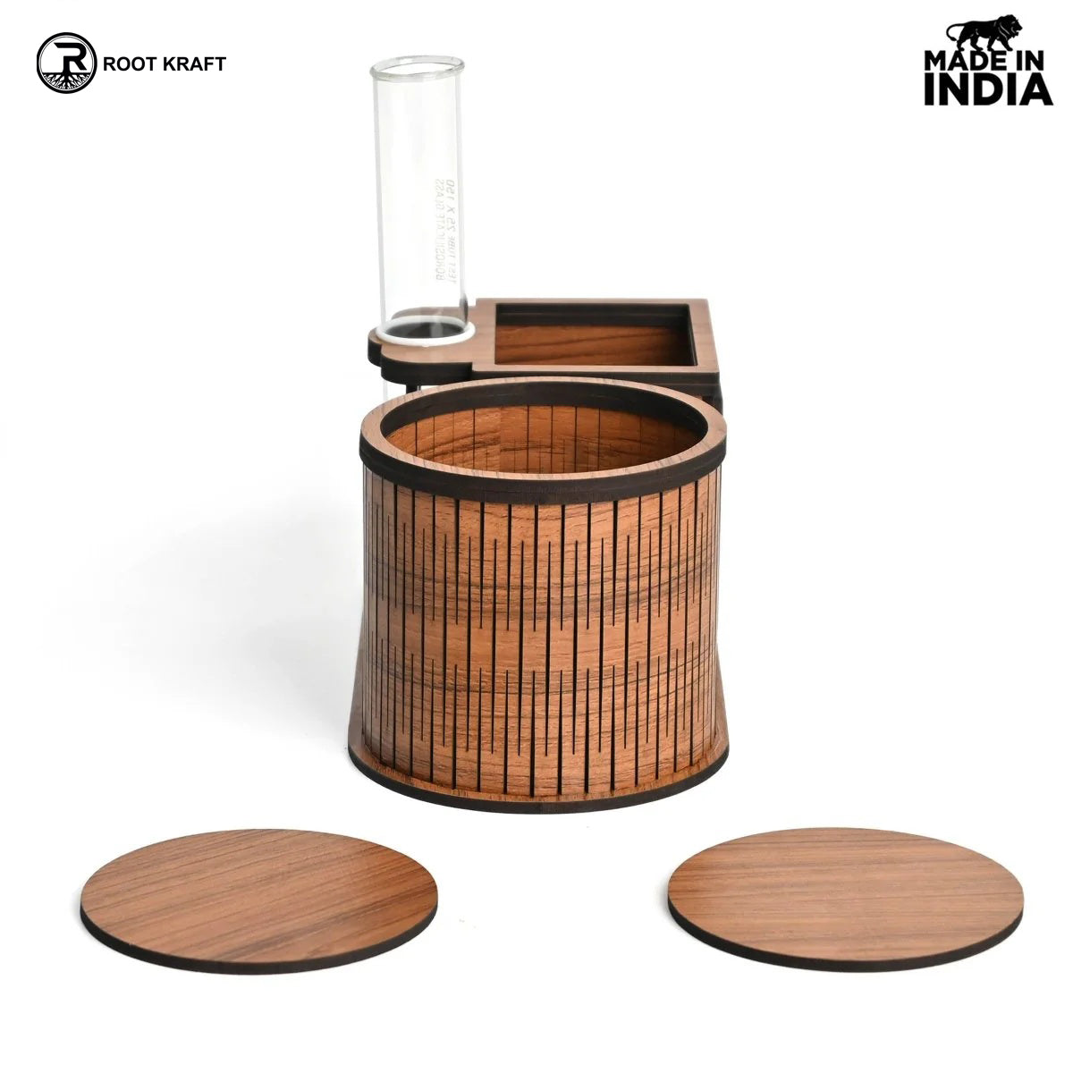 Test Tube Planter With Wooden Water Bottle Holder, Wooden Pen Stand & Coasters | Corporate Gifts | Eco-Friendly