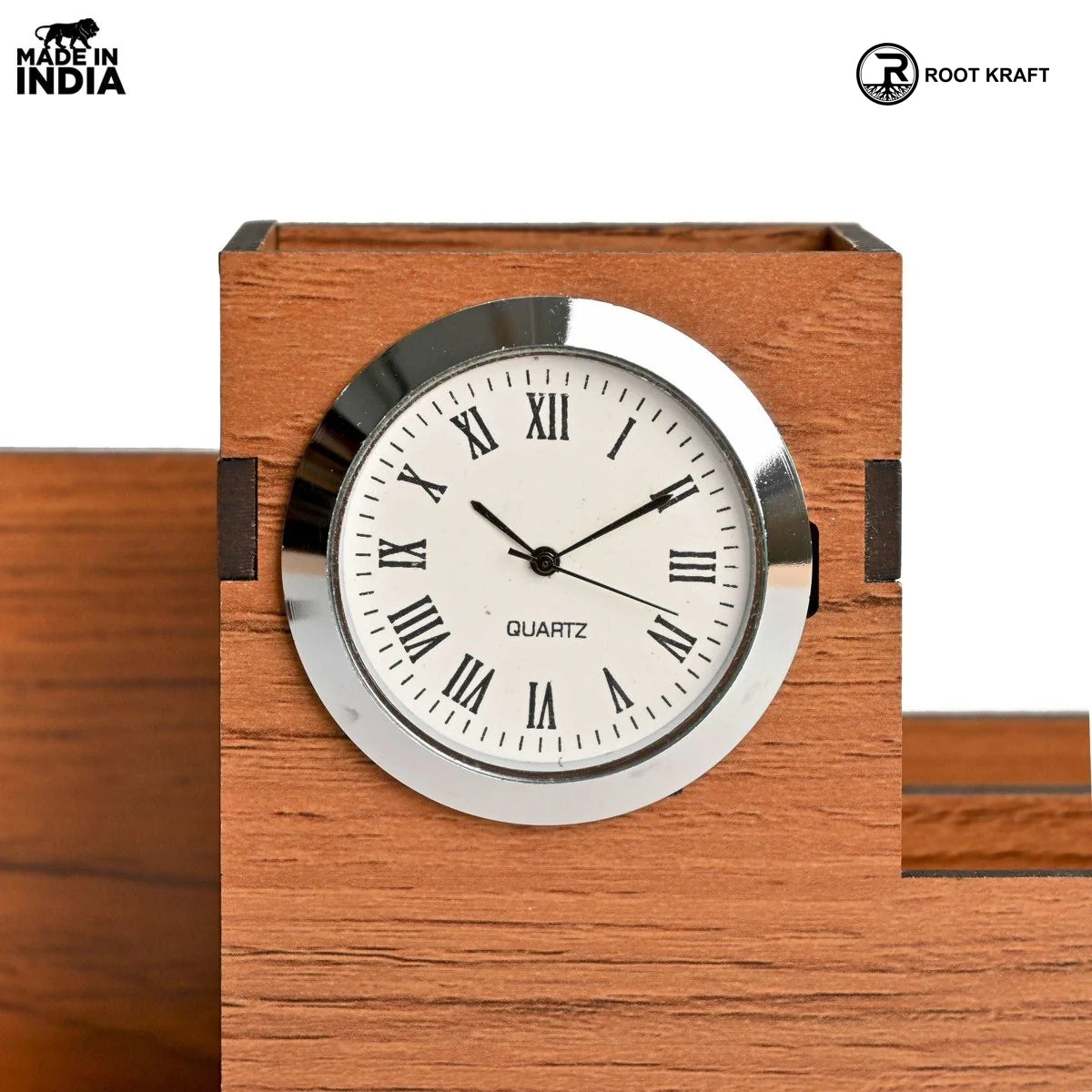 Wooden Desk Organizer with Lifetime Calendar and Clock | High-Quality Workspace Essential | Eco-Friendly