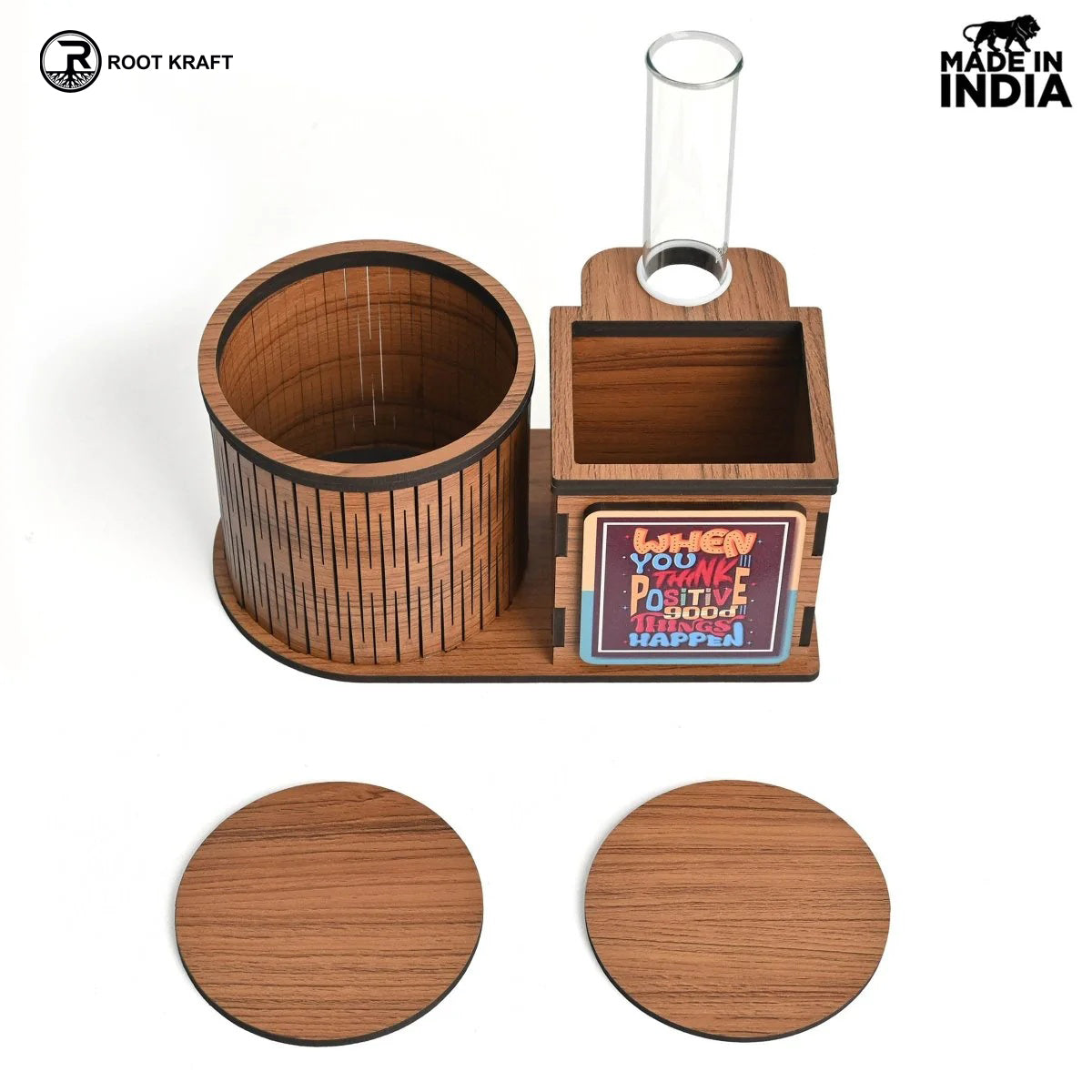 Test Tube Planter With Wooden Water Bottle Holder, Wooden Pen Stand & Coasters | Corporate Gifts | Eco-Friendly