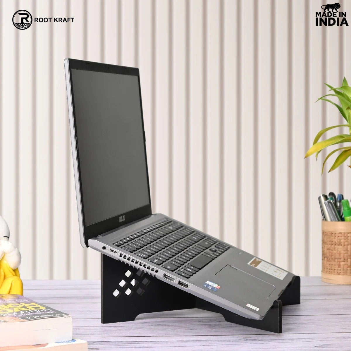 Cross Laptop Stand For Desk With Mobile Stand | Portable Easy to Carry | Compatible with All (2 pc Combo Pack) (eco Friendly)