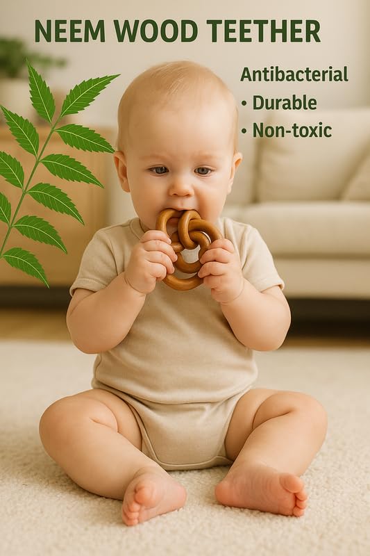 Organic Neem Wood 6 Shape Teether Combo for Baby - 1 Ring, 1 Dumbbell, 2 Rattle, 1 Sea Horse, 1 Fish - Safe Natural Teething Toys