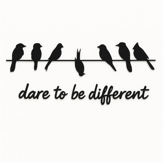 "Dare to Be Different" Wooden Wall Décor – 4mm Black MDF Cutout (Birds on Wire + Script Text) – Motivational Wall Art for Living Room, Bedroom, Office – Easy Installation with Double-Sided Tape