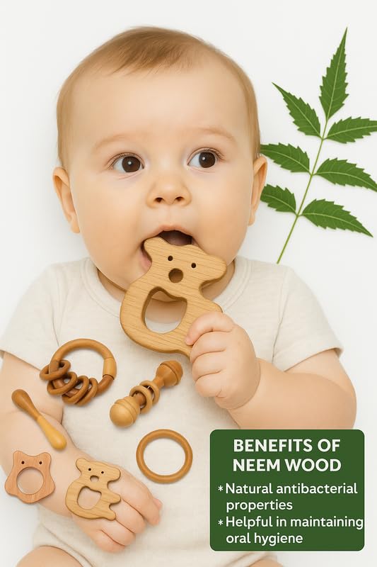 Organic Neem Wood 6 Shape Teether Combo for Baby - 1 Ring, 1 Dumbbell, 2 Rattle, 1 Owl, 1 Koala - Safe Natural Teething Toys