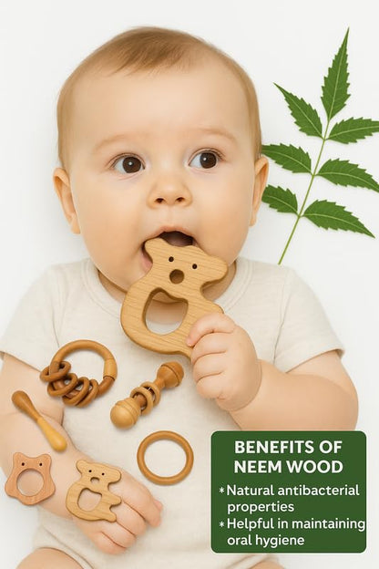 Organic Neem Wood 6 Shape Teether Combo for Baby - 1 Ring, 1 Dumbbell, 2 Rattle, 1 Owl, 1 Koala - Safe Natural Teething Toys