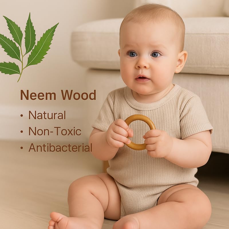 Organic Neem Wood 6 Shape Teether Combo for Baby - 1 Ring, 1 Dumbbell, 2 Rattle, 1 Mickey, 1 Grapes - Safe Natural Teething Toys