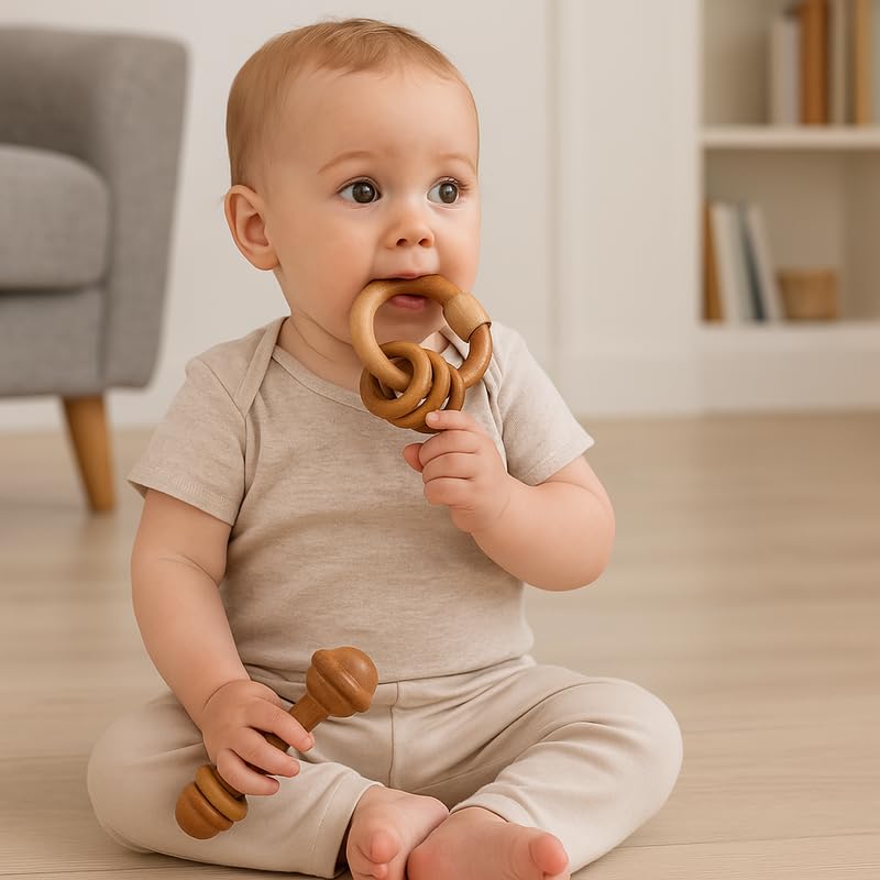 Organic Neem Wood 6 Shape Teether Combo for Baby - 1 Ring, 1 Dumbbell, 2 Rattle, 1 Mickey, 1 Grapes - Safe Natural Teething Toys