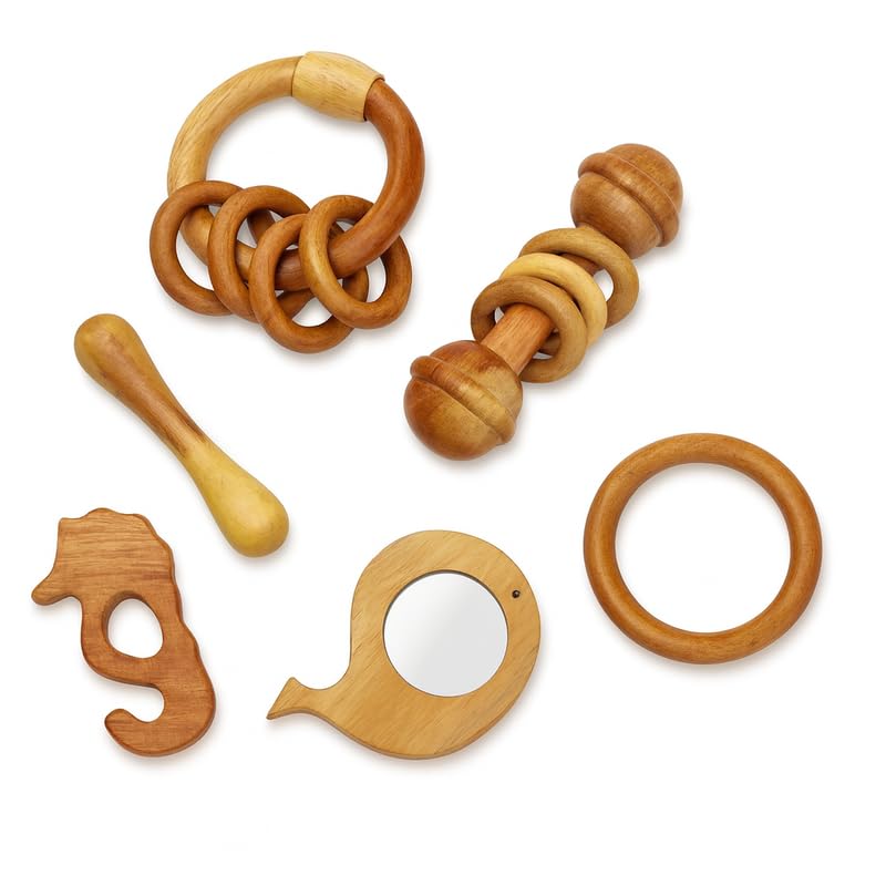 Organic Neem Wood 6 Shape Teether Combo for Baby - 1 Ring, 1 Dumbbell, 2 Rattle, 1 Sea Horse, 1 Fish - Safe Natural Teething Toys