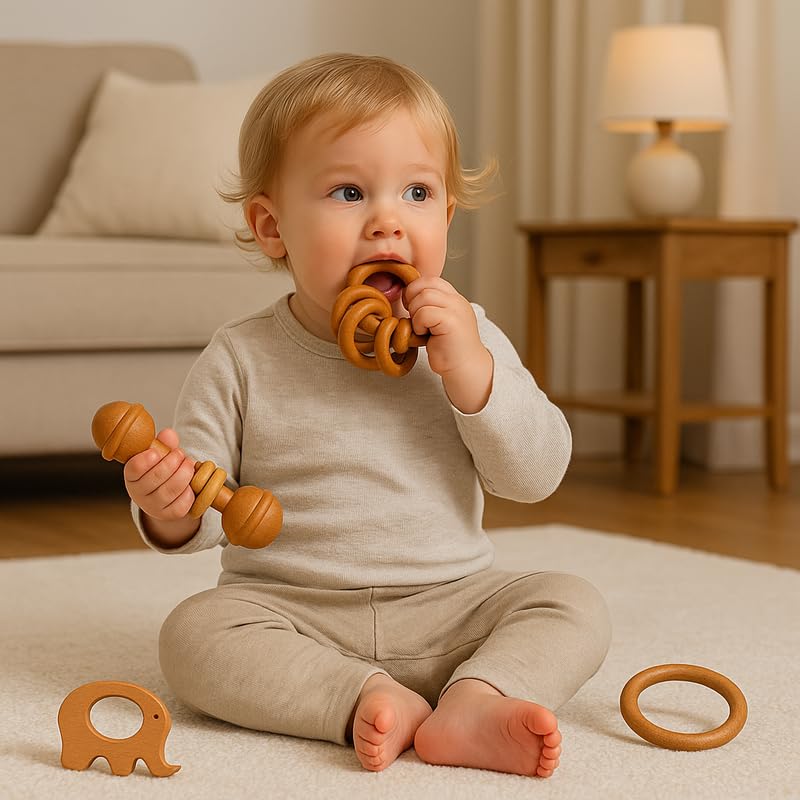 Organic Neem Wood 6 Shape Teether Combo for Baby - 1 Ring, 1 Dumbbell, 2 Rattle, 1 Hippo, 1 Elephant - Safe Natural Teething Toys