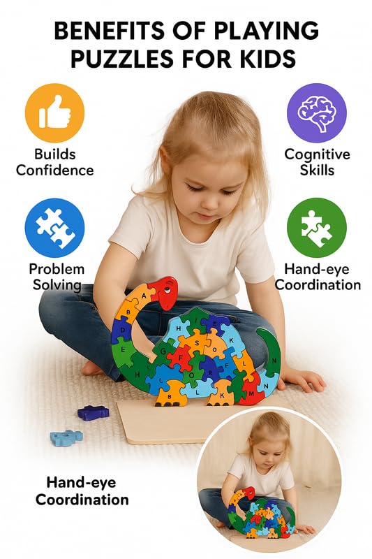 Wooden Dinasore Alphabet and Number Puzzle for Kids, Learning Toy, Dinasore Montessori ABC Educational Alphabet and Number Jigsaw for Toddlers