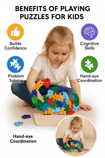 Wooden Dinasore Alphabet and Number Puzzle for Kids, Learning Toy, Dinasore Montessori ABC Educational Alphabet and Number Jigsaw for Toddlers