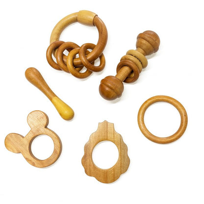 Organic Neem Wood 6 Shape Teether Combo for Baby - 1 Ring, 1 Dumbbell, 2 Rattle, 1 Mickey, 1 Grapes - Safe Natural Teething Toys