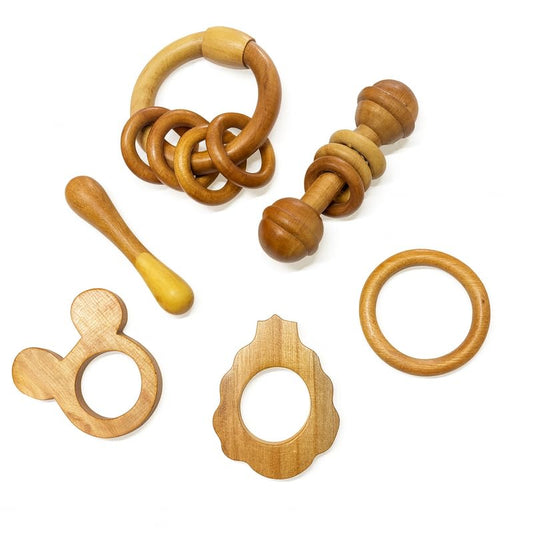 Organic Neem Wood 6 Shape Teether Combo for Baby - 1 Ring, 1 Dumbbell, 2 Rattle, 1 Mickey, 1 Grapes - Safe Natural Teething Toys
