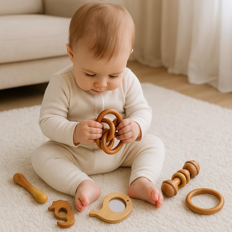 Organic Neem Wood 6 Shape Teether Combo for Baby - 1 Ring, 1 Dumbbell, 2 Rattle, 1 Sea Horse, 1 Fish - Safe Natural Teething Toys