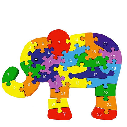 Wooden Elephant Number and Alphabet Puzzle for Kids, Learning Toy, Elephant Montessori ABC Educational Number and Alphabet Jigsaw for Toddlers
