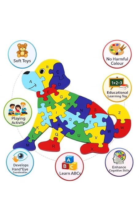 Wooden Dog Alphabet and Number Puzzle for Kids, Learning Toy, Dog Montessori ABC Educational Alphabet and Number Jigsaw for Toddlers
