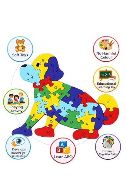 Wooden Dog Alphabet and Number Puzzle for Kids, Learning Toy, Dog Montessori ABC Educational Alphabet and Number Jigsaw for Toddlers