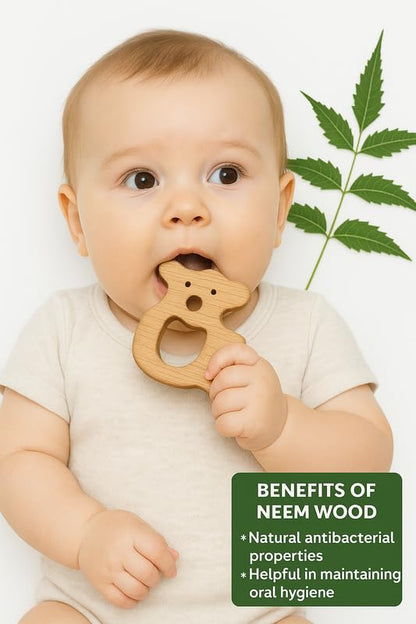 Organic Neem Wood 6 Shape Teether Combo for Baby - 1 Ring, 1 Dumbbell, 2 Rattle, 1 Owl, 1 Koala - Safe Natural Teething Toys