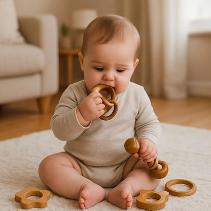 Organic Neem Wood 6 Shape Teether Combo for Baby - 1 Ring, 1 Dumbbell, 2 Rattle, 1 Sun, 1 Cat - Safe Natural Teething Toys