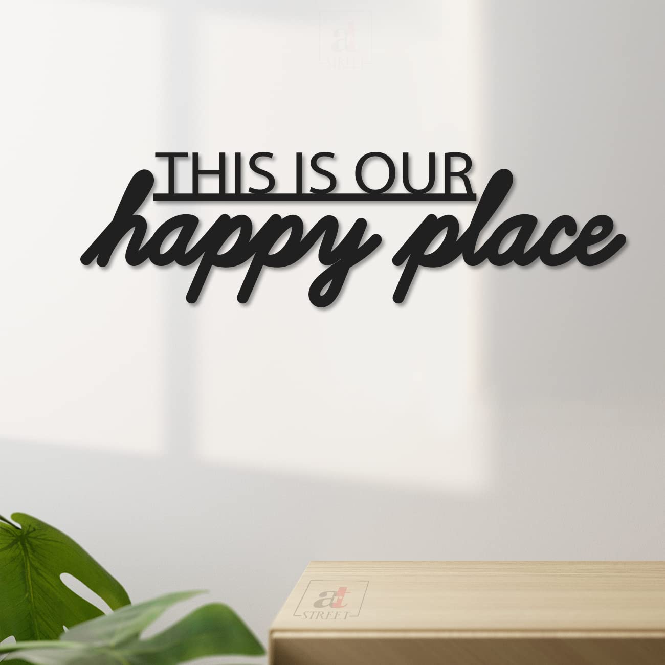 This is Our Happy Place MDF Plaque Painted Cutout For Wall Décor Ready to Hang Home Décor Wooden Modern Wall Art For Office Decoration Signs with Double-Sided Tape (Black, 4.1x13 Inches)