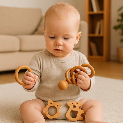 Organic Neem Wood 6 Shape Teether Combo for Baby - 1 Ring, 1 Dumbbell, 2 Rattle, 1 Owl, 1 Koala - Safe Natural Teething Toys