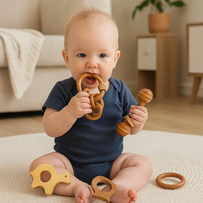 Organic Neem Wood 6 Shape Teether Combo for Baby - 1 Ring, 1 Dumbbell, 2 Rattle, 1 Turtle, 1 Fish - Safe Natural Teething Toys
