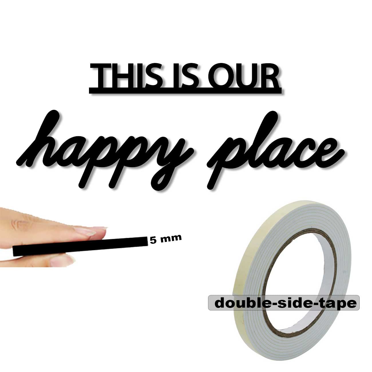 This is Our Happy Place MDF Plaque Painted Cutout For Wall Décor Ready to Hang Home Décor Wooden Modern Wall Art For Office Decoration Signs with Double-Sided Tape (Black, 4.1x13 Inches)