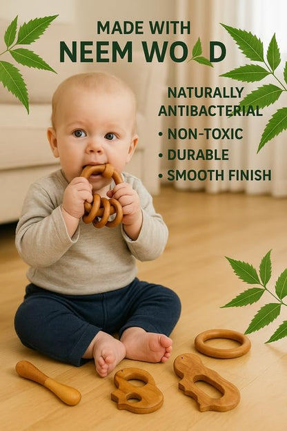 Organic Neem Wood 6 Shape Teether Combo for Baby - 1 Ring, 1 Dumbbell, 2 Rattle, 1 Hippo, 1 Elephant - Safe Natural Teething Toys