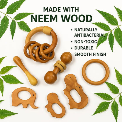 Organic Neem Wood 6 Shape Teether Combo for Baby - 1 Ring, 1 Dumbbell, 2 Rattle, 1 Hippo, 1 Elephant - Safe Natural Teething Toys