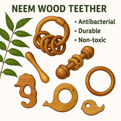 Organic Neem Wood 6 Shape Teether Combo for Baby - 1 Ring, 1 Dumbbell, 2 Rattle, 1 Sea Horse, 1 Fish - Safe Natural Teething Toys