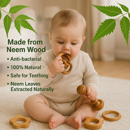 Organic Neem Wood 6 Shape Teether Combo for Baby - 1 Ring, 1 Dumbbell, 2 Rattle, 1 Sun, 1 Cat - Safe Natural Teething Toys