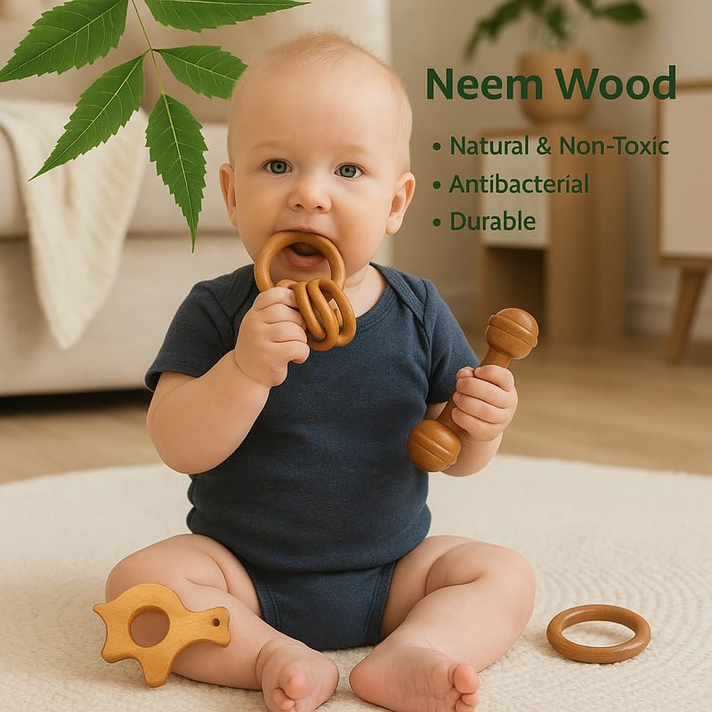 Organic Neem Wood 6 Shape Teether Combo for Baby - 1 Ring, 1 Dumbbell, 2 Rattle, 1 Turtle, 1 Fish - Safe Natural Teething Toys