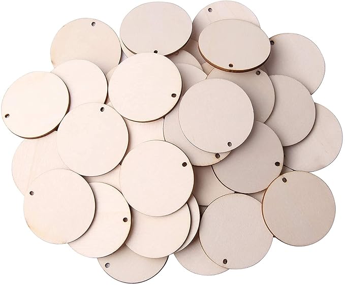 50pcs 1.97" Wooden Slices Circle Round-Shaped Blank Name Tags Wine Tag Have Hole Unfinished Wood Cutout Labels Art Craft Pieces for Wedding Party Birthday Child DIY Projects Card Making
