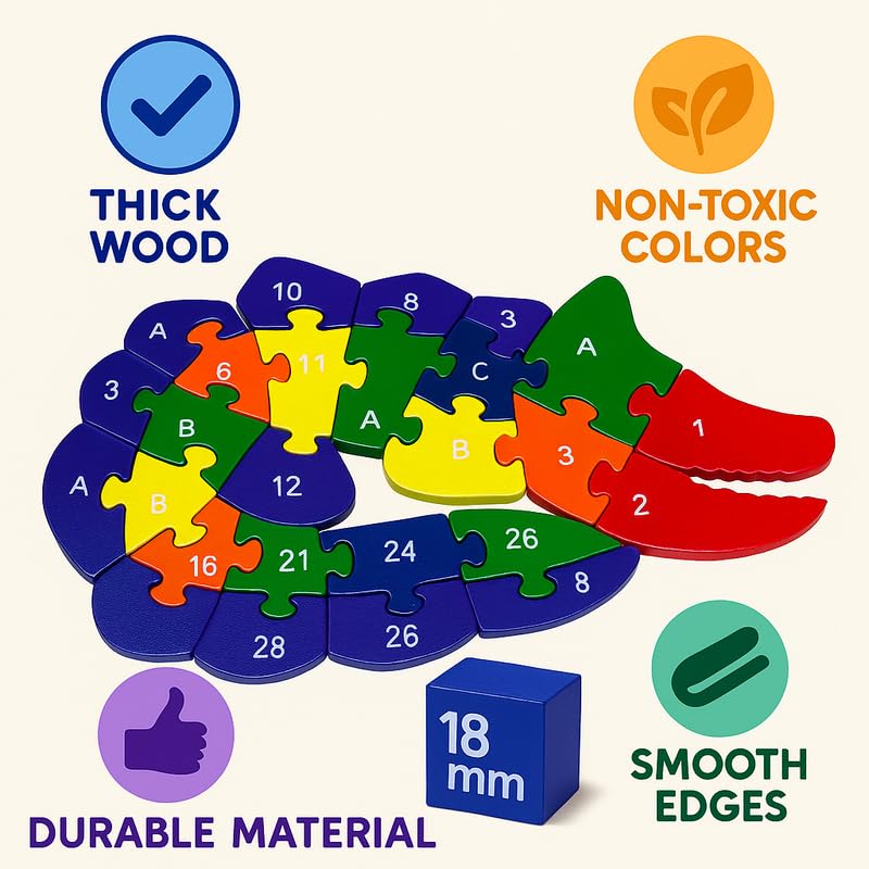Wooden Crocodile Alphabet and Number Puzzle for Kids, Learning Toy, Crocodile Montessori ABC Educational Alphabet and Number Jigsaw for Toddlers