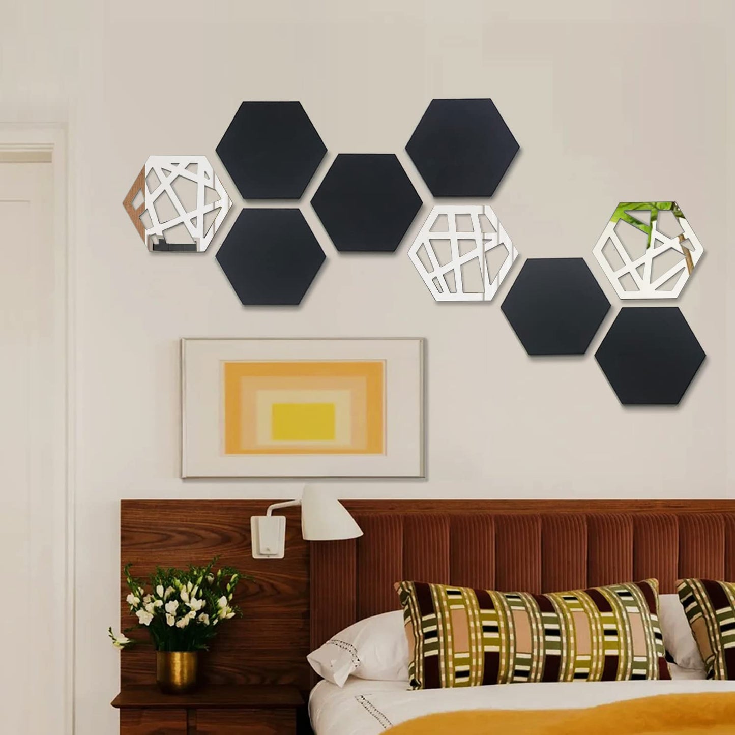 9PCS Mid-Century Modern Acrylic Black Wall Art ? No Real Mirror, Bohemian Aesthetic Hexagon Wall Panels for Bedroom & Living Room Decor