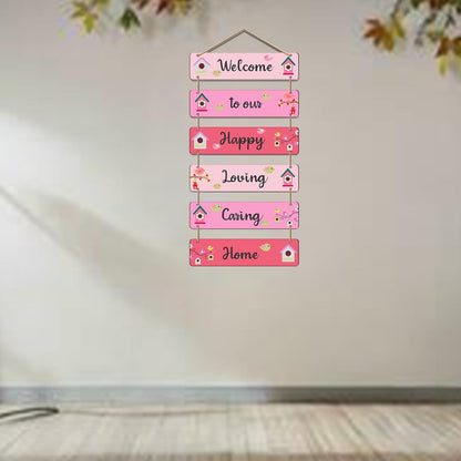 Welcome to Our Happy Loving Caring Home Wooden Wall Hanging | Decorative Quote Signboard | Wall Art for Entryway | Positive Vibes Home Decor for Living Room & Family Decoration (DWA_3264)